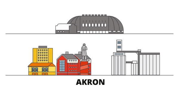 Estados Unidos, Akron plana hito vector ilustración. Estados Unidos, Akron ciudad línea con lugares de interés turístico famosos, horizonte, diseño . — Vector de stock