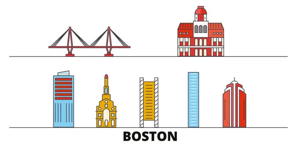 Amerika Birleşik Devletleri, Boston şehir düz yerlerinden illüstrasyon vektör. Amerika Birleşik Devletleri, Boston şehir hattı şehir ünlü seyahat yerler, manzarası, tasarım ile. — Stok Vektör