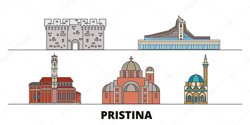 Kosovo, Pristina flat landmarks vector illustration. Kosovo, Pristina line city with famous travel sights, skyline, design. 