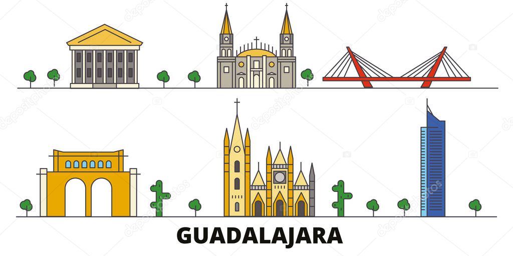 Mexico, Guadalajara flat landmarks vector illustration. Mexico, Guadalajara line city with famous travel sights, skyline, design. 
