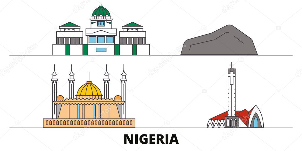 Nigeria flat landmarks vector illustration. Nigeria line city with famous travel sights, skyline, design. 