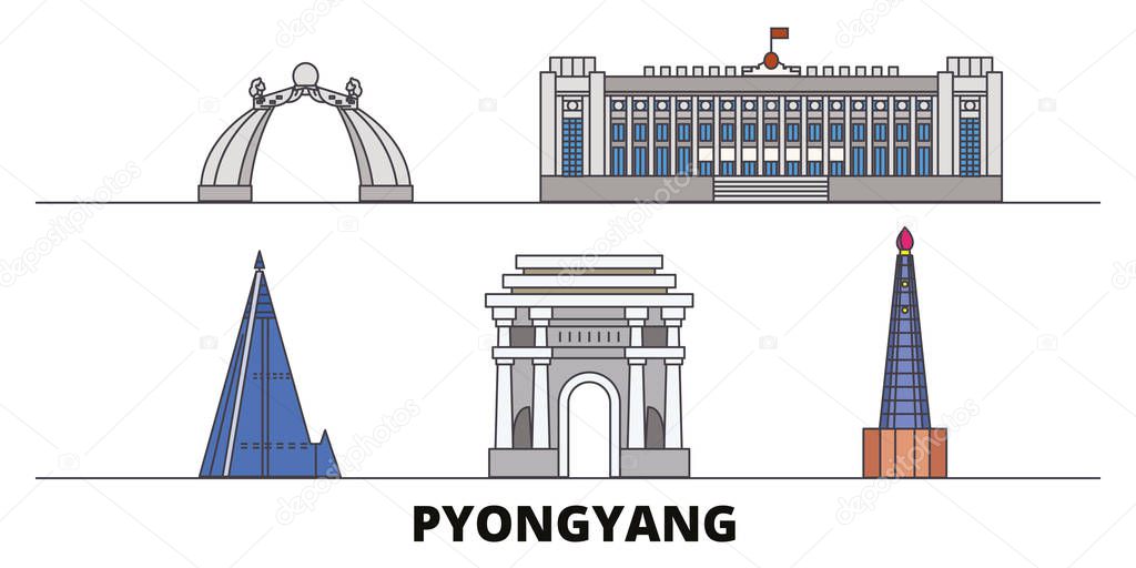North Korea, Pyongyang flat landmarks vector illustration. North Korea, Pyongyang line city with famous travel sights, skyline, design. 