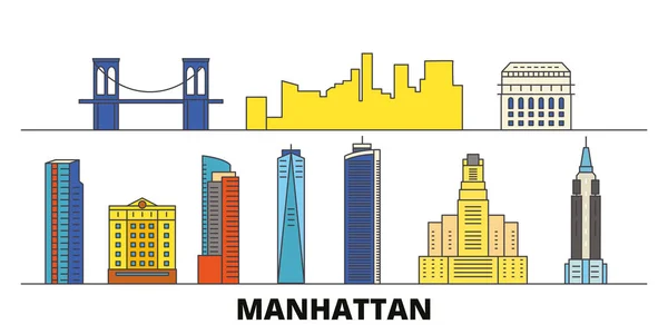 アメリカ合衆国、ニューヨーク マンハッタンのフラット ランドマークはベクトル イラストです。アメリカ合衆国、ニューヨーク マンハッタン ライン都市有名な旅行観光スポット, スカイライン, デザイン. — ストックベクタ