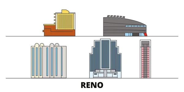 Estados Unidos, Reno plana hito vector ilustración. Estados Unidos, ciudad línea de Reno con lugares de interés turístico famosos, horizonte, diseño . — Vector de stock
