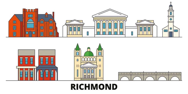 Estados Unidos, Richmond plana hito vector ilustración. Estados Unidos, Richmond line city con lugares de interés turístico famosos, horizonte, diseño . — Vector de stock