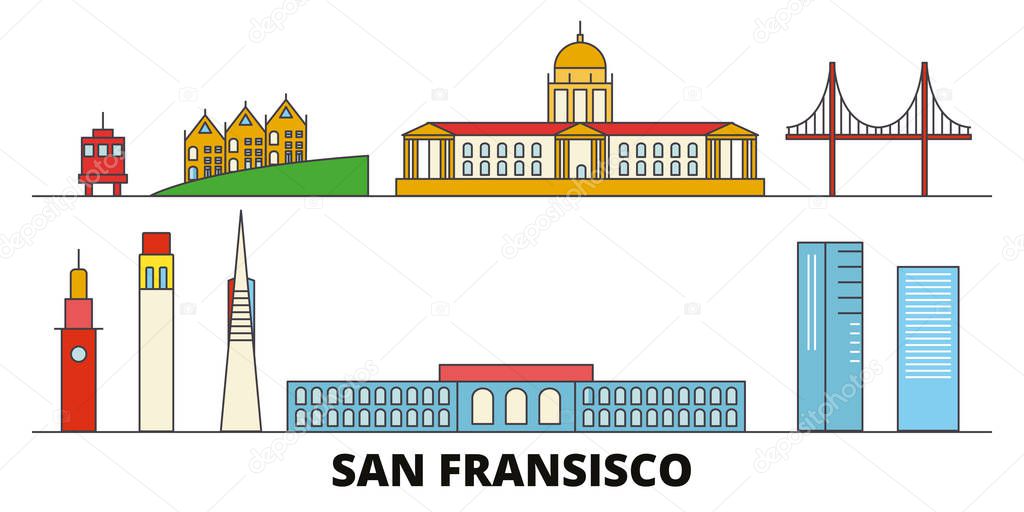 United States, San Francisco flat landmarks vector illustration. United States, San Francisco line city with famous travel sights, skyline, design. 