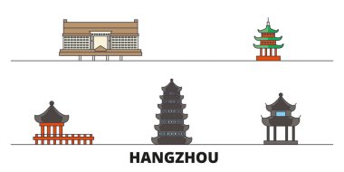 Çin, Hangzhou simge vektör çizim düz. Çin, Hangzhou satır şehir ünlü seyahat yerler, manzarası, tasarım ile. 