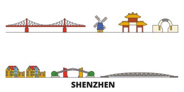 Çin, Shenzhen düz yerlerinden illüstrasyon vektör. Çin, Shenzhen satır şehir ünlü seyahat yerler, manzarası, tasarım ile. 