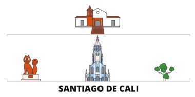 Kolombiya, Santiago De Cali simge vektör çizim düz. Kolombiya, Santiago De Cali satır şehir ünlü seyahat yerler, manzarası, tasarım ile. 