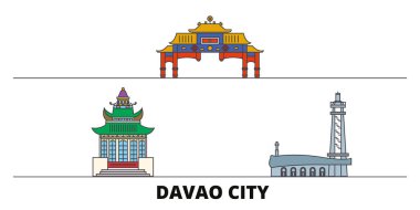Filipinler, Davao City düz yerlerinden illüstrasyon vektör. Filipinler, Davao City hattı şehir ünlü seyahat yerler, manzarası, tasarım ile. 