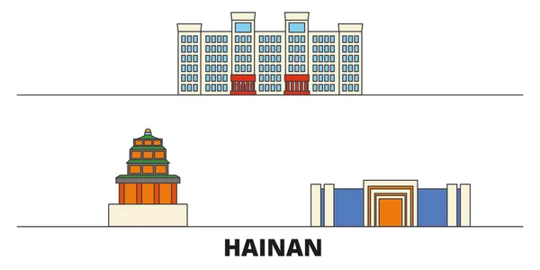 China, ilustración vectorial de hitos planos de Hainan. China, ciudad de la línea de Hainan con las vistas famosas del recorrido, skyline, diseño . — Vector de stock