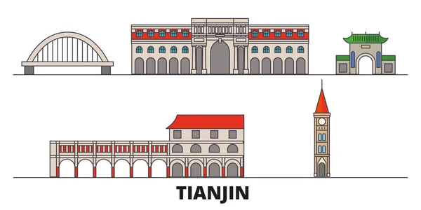 China, Tianjin City marcos planos ilustração vetorial. China, cidade da linha da cidade de Tianjin com vistas famosas do curso, skyline, projeto . —  Vetores de Stock