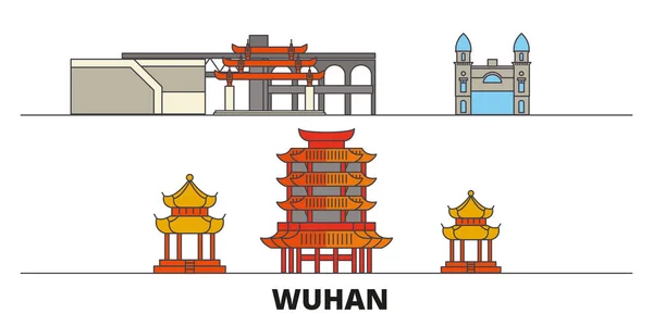 China, Wuhan marcos planos ilustração vetorial. China, cidade da linha de Wuhan com vistas famosas do curso, skyline, projeto . — Vetor de Stock
