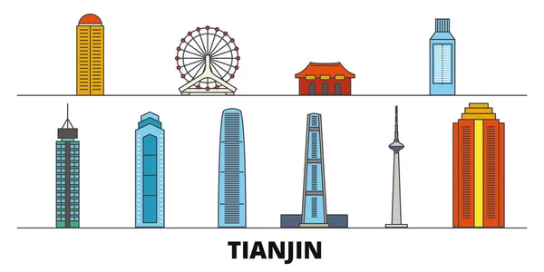 Китай, Тяньцзинь плоские ориентиры векторные иллюстрации. Китай, Тяньцзинь линия города с известными достопримечательностями, горизонты, дизайн . — стоковый вектор