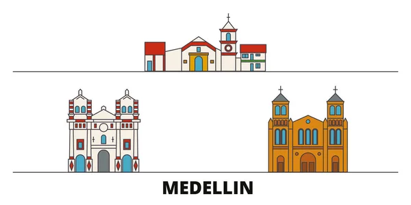 Medellin, Kolumbie ploché památky vektorové ilustrace. Kolumbie, Medellín linie město slavných cestovních památky, Panorama, design. — Stockový vektor