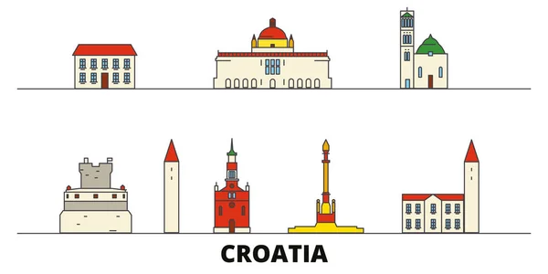 Croácia marcos planos ilustração vetorial. Croácia linha cidade com pontos turísticos de viagens famosas, horizonte, projeto . — Vetor de Stock