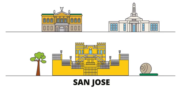 Коста-Рика, Сан-Хосе плоские ориентиры векторной иллюстрации. Коста-Рика, Сан-Хосе линейный город с известными туристическими достопримечательностями, горизонт, дизайн . — стоковый вектор