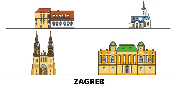 Croacia, Zagreb plana monumentos vector ilustración. Croacia, ciudad de la línea de Zagreb con lugares de interés turístico famosos, horizonte, diseño . — Vector de stock