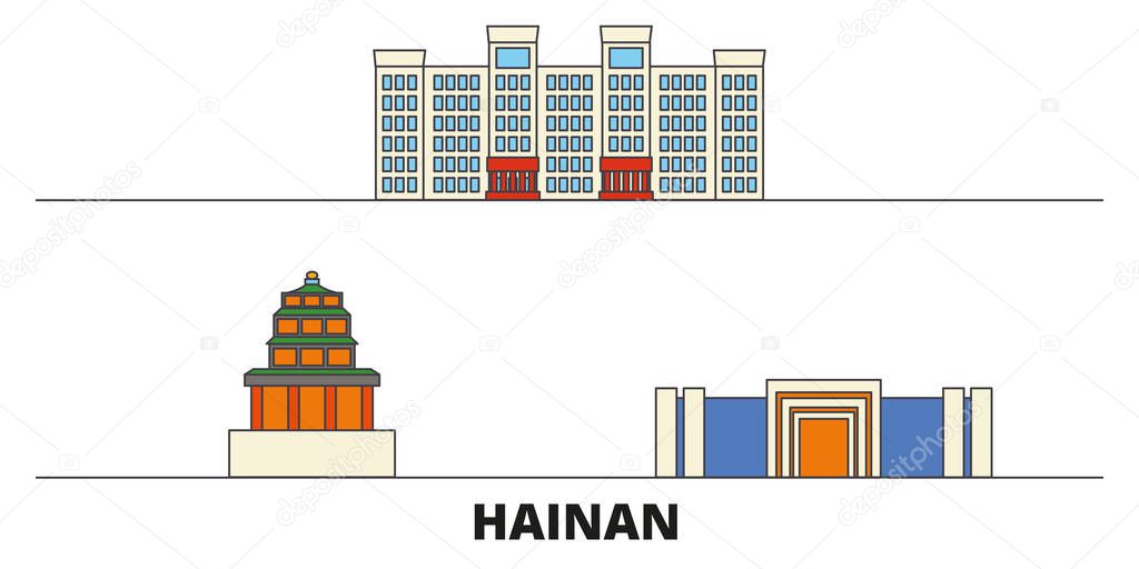 China, Hainan flat landmarks vector illustration. China, Hainan line city with famous travel sights, skyline, design. 