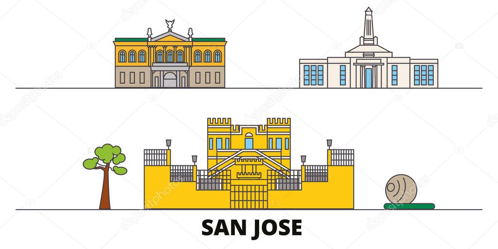 Costa Rica, San Jose flat landmarks vector illustration. Costa Rica, San Jose line city with famous travel sights, skyline, design. 