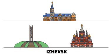Rusya, Izhevsk simge vektör çizim düz. Rusya, Izhevsk çizgi şehir ünlü seyahat yerler, manzarası, tasarım ile. 