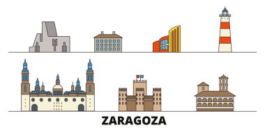 İspanya, Zaragoza düz yerlerinden illüstrasyon vektör. İspanya, Zaragoza satır şehir ünlü seyahat yerler, manzarası, tasarım ile. 