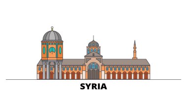 Suriye düz yerlerinden illüstrasyon vektör. Suriye satır şehir ünlü seyahat yerler, manzarası, tasarım ile. 