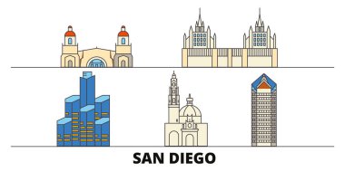 Amerika Birleşik Devletleri, San Diego düz yerlerinden illüstrasyon vektör. Amerika Birleşik Devletleri, San Diego satır şehir ünlü seyahat yerler, manzarası, tasarım ile. 