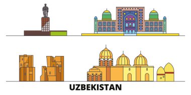 Özbekistan düz yerlerinden illüstrasyon vektör. Özbekistan satır şehir ünlü seyahat yerler, manzarası, tasarım ile. 
