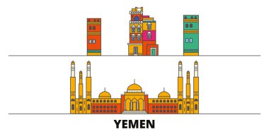 Yemen, Sanaa düz yerlerinden illüstrasyon vektör. Yemen, Sanaa satır şehir ünlü seyahat yerler, manzarası, tasarım ile. 