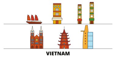 Vietnam düz yerlerinden illüstrasyon vektör. Vietnam satır şehir ünlü seyahat yerler, manzarası, tasarım ile. 