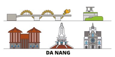 Vietnam, Da Nang düz yerlerinden illüstrasyon vektör. Vietnam, Da Nang satır şehir ünlü seyahat yerler, manzarası, tasarım ile. 
