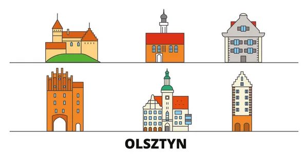 Polsko, Olsztyn ploché památky vektorové ilustrace. Polsko, Olsztyn linie město slavných cestovních památky, Panorama, design. — Stockový vektor