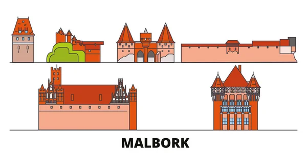 Polonia, Malbork plana monumentos vector ilustración. Polonia, Malbork ciudad línea con lugares de interés turístico famosos, horizonte, diseño . — Vector de stock