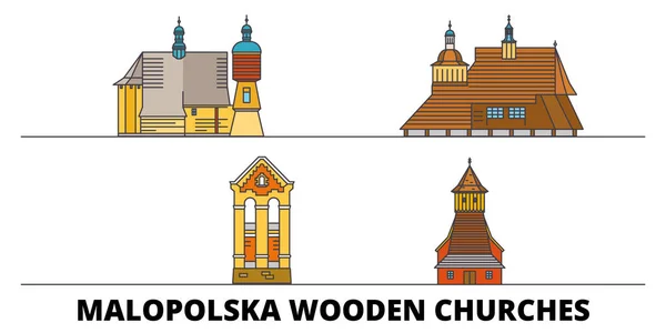 Polonya, Güney Malopolska, Ahşap Kiliseler düz yerlerinden illüstrasyon vektör. Polonya, Güney Malopolska, Ahşap Kiliseler satır şehir ünlü seyahat yerler, tasarım manzarası ile. — Stok Vektör