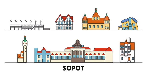 Polonia, Sopot punti di riferimento piatto illustrazione vettoriale. Polonia, Sopot line city con famose attrazioni turistiche, skyline, design . — Vettoriale Stock