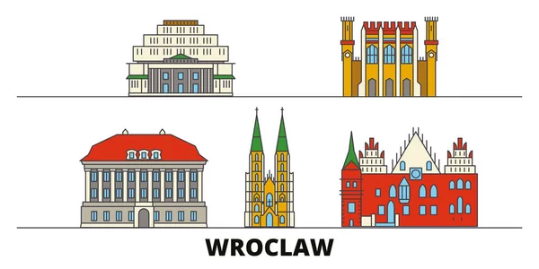 Polonia, ilustración vectorial de monumentos planos de Wroclaw. Polonia, ciudad de la línea de Wroclaw con lugares de interés turístico famosos, horizonte, diseño . — Vector de stock