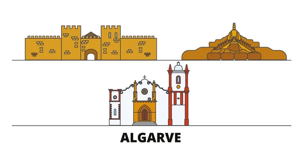 Portugal, ilustración vectorial de monumentos planos del Algarve. Portugal, Algarve ciudad línea con lugares de interés turístico famosos, horizonte, diseño . — Vector de stock