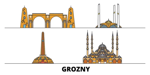 Rusia, Grozny plana monumentos vector ilustración. Rusia, Grozny ciudad línea con lugares de interés turístico famosos, horizonte, diseño . — Vector de stock