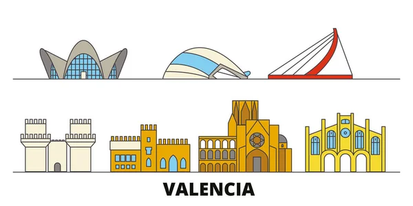 西班牙, 瓦伦西亚平面地标向量例证。西班牙, 瓦伦西亚线城市与著名的旅游景点, 天际线, 设计. — 图库矢量图片