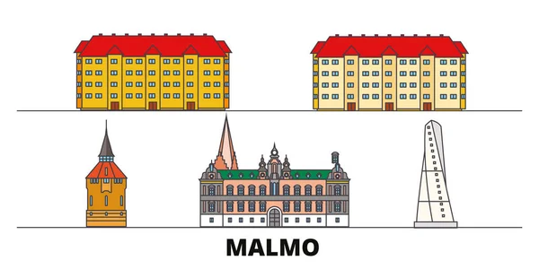 Suecia, Malmo plana monumentos vector ilustración. Suecia, Malmo línea de la ciudad con lugares de interés turístico famosos, horizonte, diseño . — Vector de stock