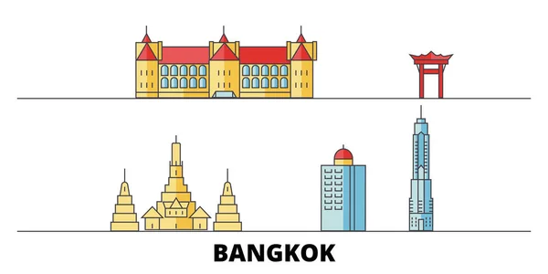 Tailandia, Bangkok ciudad plana monumentos vector ilustración. Tailandia, Bangkok ciudad línea de la ciudad con lugares de interés turístico famosos, horizonte, diseño . — Vector de stock