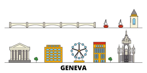 Suiza, Ginebra hito plano vector ilustración. Suiza, Ginebra ciudad con lugares de interés turístico famosos, horizonte, diseño . — Vector de stock