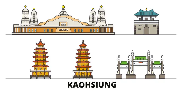 Ταϊβάν, Kaohsiung επίπεδη εικονογράφηση διάνυσμα ορόσημα. Ταϊβάν, Kaohsiung city line με διάσημα ταξίδια αξιοθέατα, στον ορίζοντα, σχεδιασμός. — Διανυσματικό Αρχείο