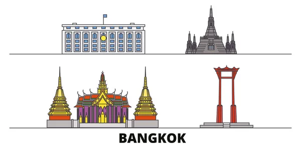 Tailandia, Bangkok plana monumentos vector ilustración. Tailandia, Bangkok línea de la ciudad con lugares de interés turístico famosos, horizonte, diseño . — Vector de stock