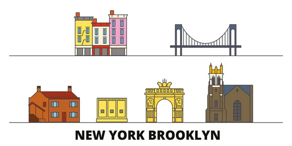 Spojené státy, New Yorku Brooklyn plochý památky vektorové ilustrace. Spojené státy, New Yorku Brooklyn linie město slavných cestovních památky, Panorama, design. — Stockový vektor