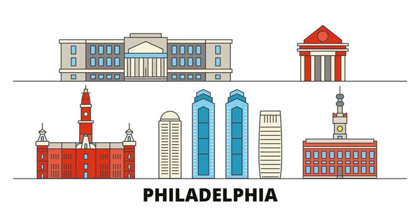 Estados Unidos, Philadelphia flat landmarks vector illustration. Estados Unidos, Filadelfia ciudad línea con lugares de interés turístico famosos, horizonte, diseño . — Vector de stock