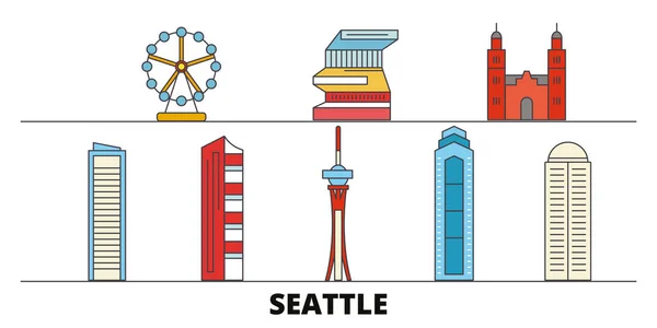 Spojené státy, Seattle plochý památky vektorové ilustrace. Spojené státy, města Seattle linie s slavných cestovních památky, Panorama, design. — Stockový vektor