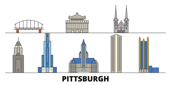 Amerika Birleşik Devletleri, Pittsburgh düz yerlerinden illüstrasyon vektör. Amerika Birleşik Devletleri, Pittsburgh satır şehir ünlü seyahat yerler, manzarası, tasarım ile. — Stok Vektör