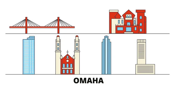 Estados Unidos, Omaha plana hito vector ilustración. Estados Unidos, ciudad línea de Omaha con lugares de interés turístico famosos, horizonte, diseño . — Vector de stock